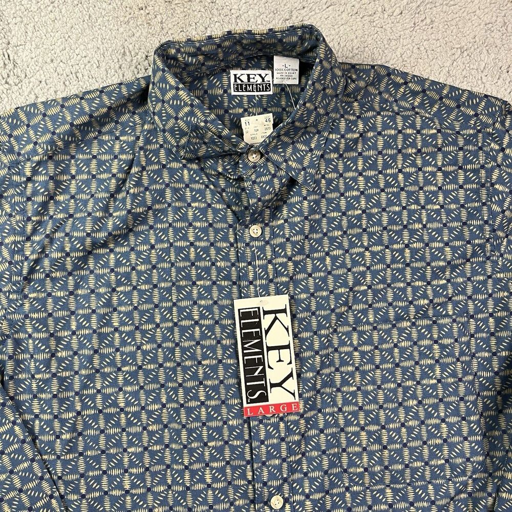 Vintage Key Elements 90's Button Shirt Blue Unique Pattern Long Sleeve Large NOS